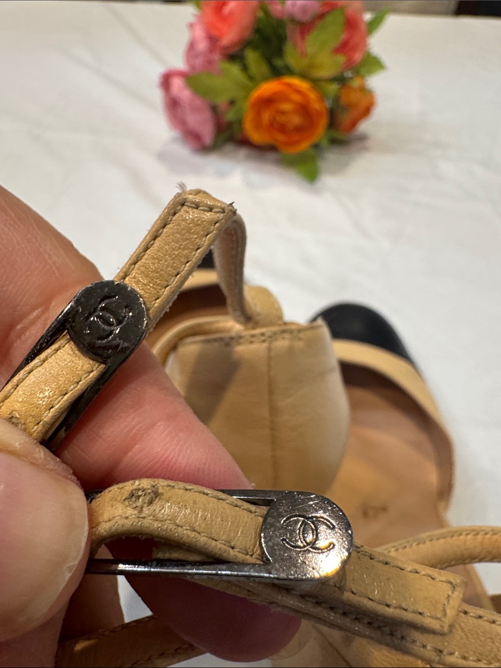 Authentic CHANEL Beige and Black Two-Tone Mary Jane Block Heel Pumps - Picture 6 of 14